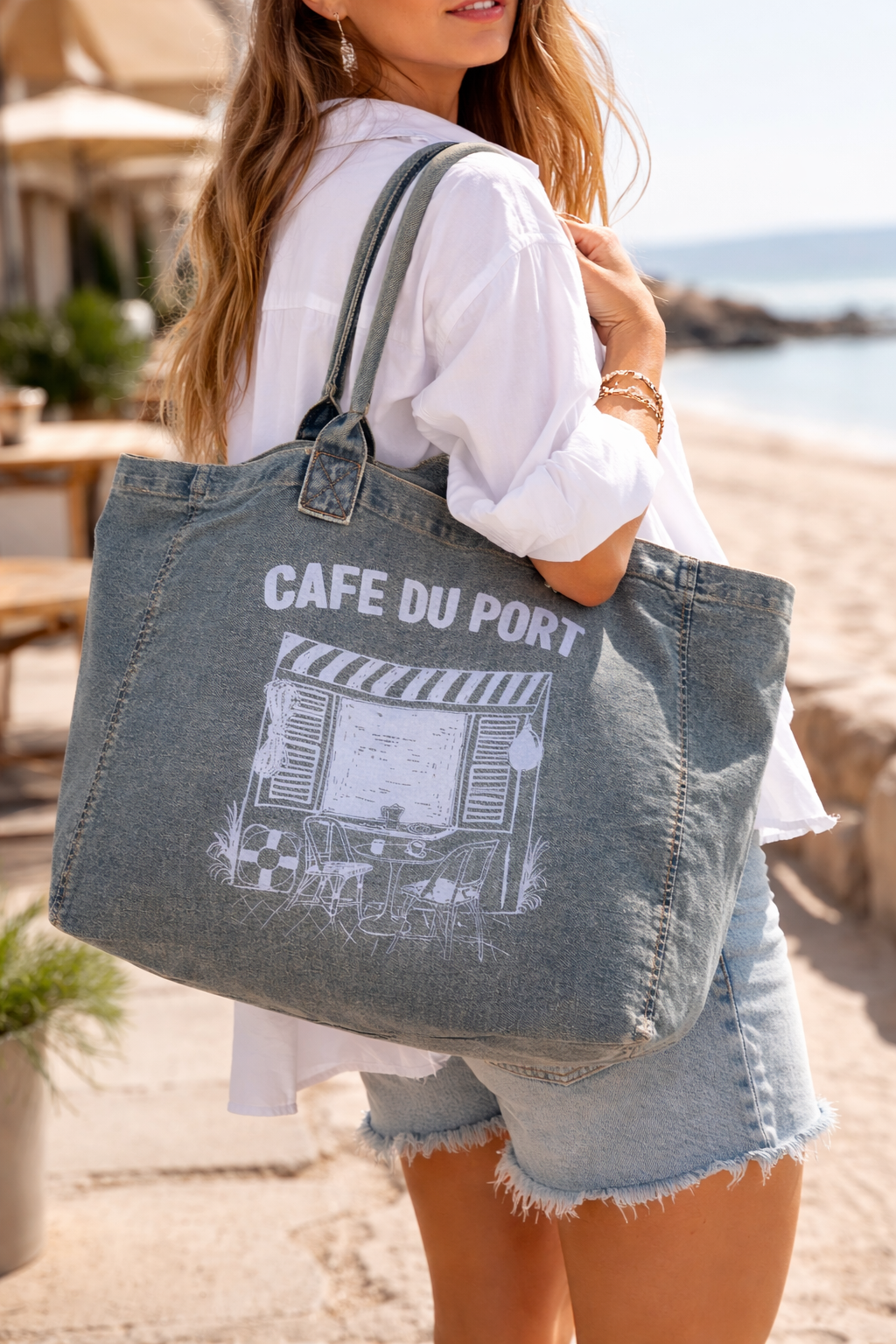 Grand cabas en jean femme café du port sac denim oversize 100% coton Anouk&Ninon