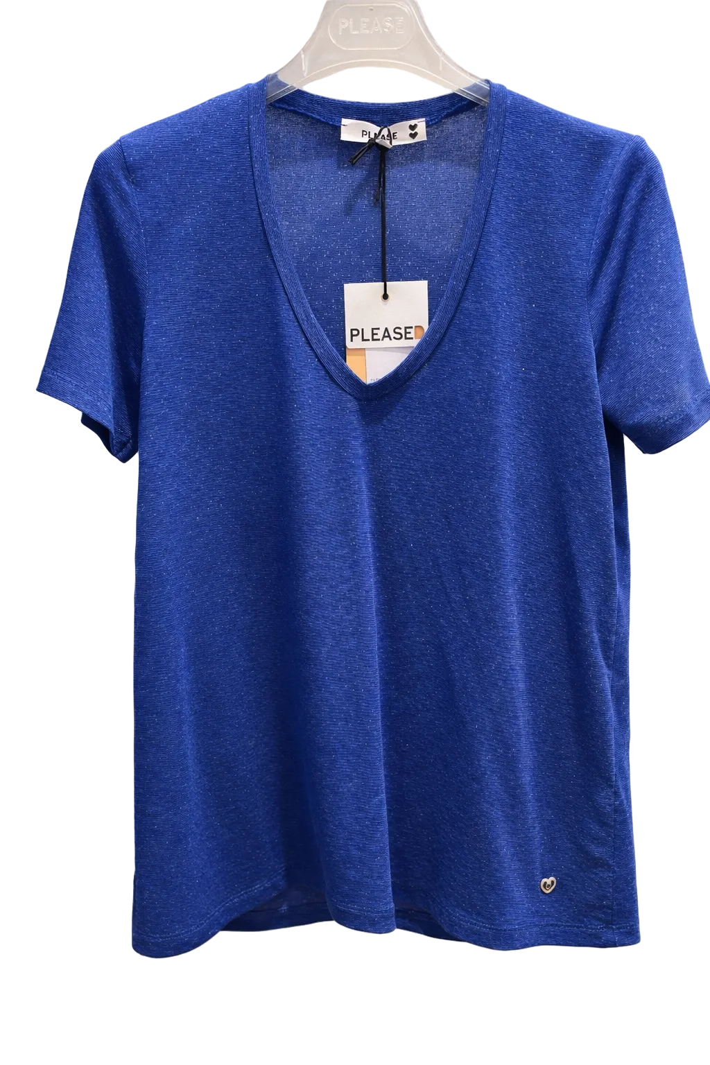 Tee-shirt Col V Femme Bleu Intense – Maille Irisée Été | Please