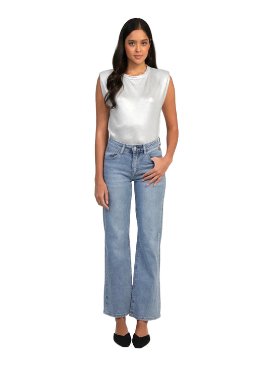 Jean Strass Denim Clair Femme – Coupe Droite Évasée | An'ge
