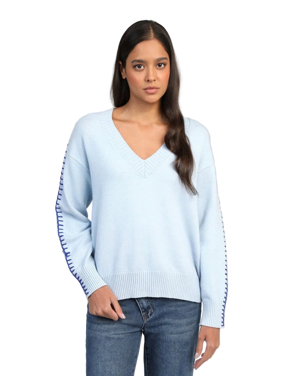 Pull Col V Femme Bleu Ciel – Maille Détails Contrastés | An'ge