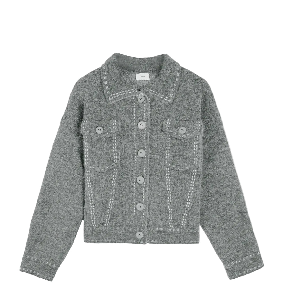 Cardigan Gris Femme – Col Chemise Détails Couture Maille Épaisse | An'ge