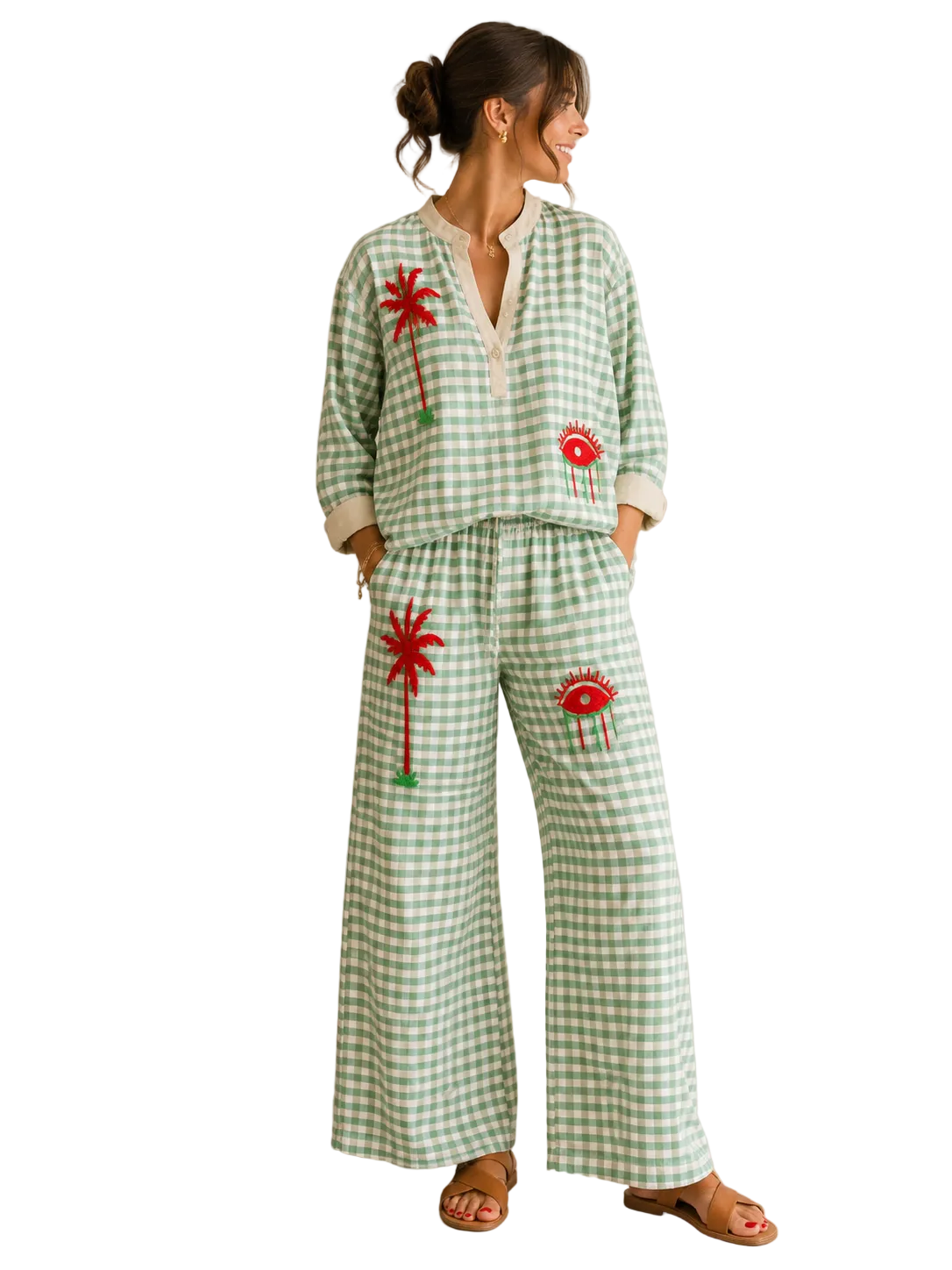 Blouse Vichy Vert Brodée Palmier & Œil – Bohème Chic 100 % Coton