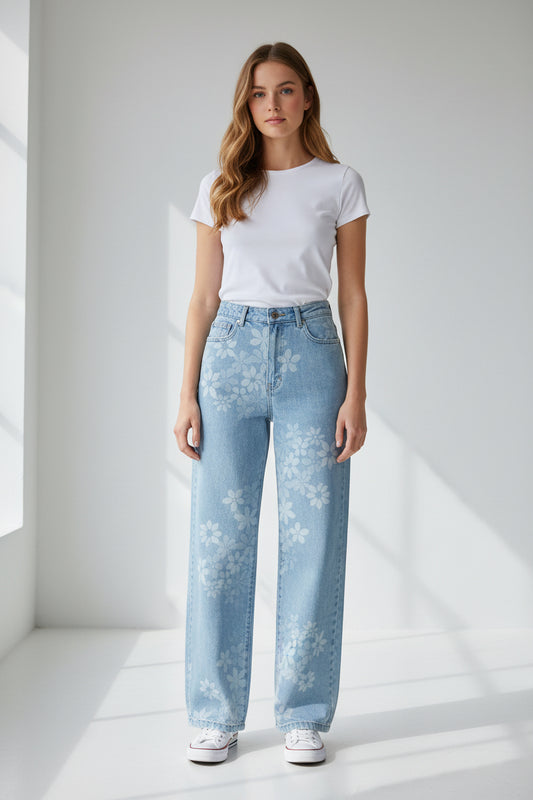 Jean Imprimé Floral Taille Haute Droite – PIPFLEUR | An'ge