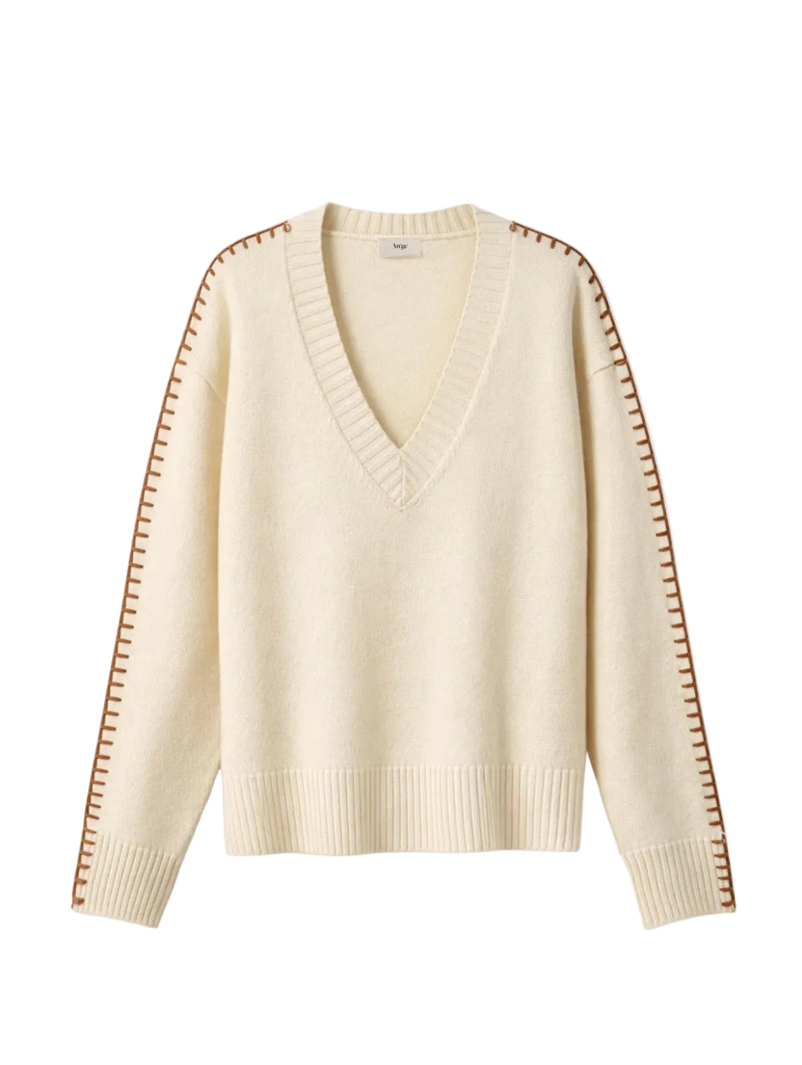 Pull Col V Femme Crème – Surpiqûres Contrastées Maille Épaisse | An'ge