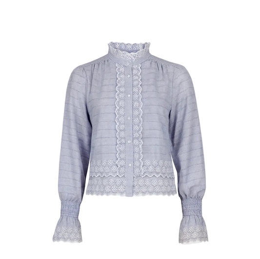 Blouse Rayures Dentelle Femme – Col Victorien Manches Bouffantes | An'ge