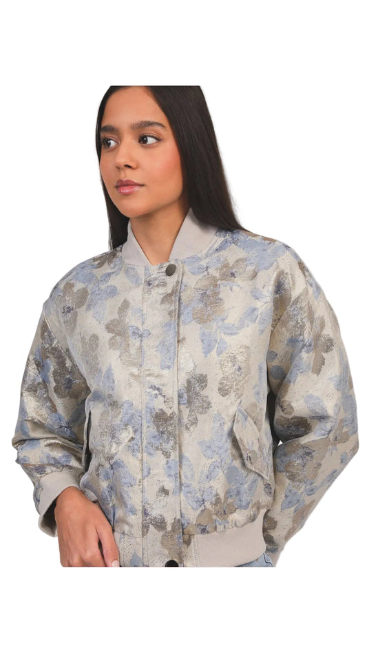 Blouson Bomber Jacquard Floral Femme – Beige Doré & Bleu Pastel | An'ge