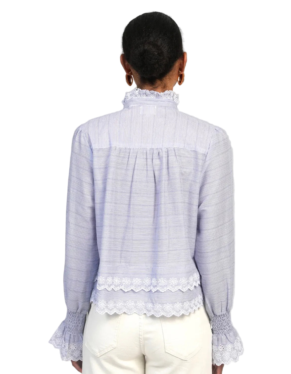 Blouse Rayures Dentelle Femme – Col Victorien Manches Bouffantes | An'ge
