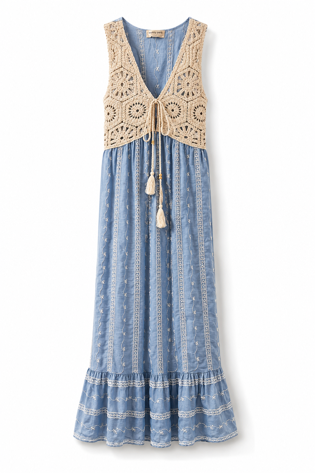 Robe Longue Bohème Crochet & Denim Femme – Macramé Été