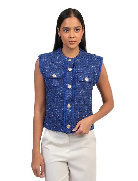 Veste Tweed Sans Manches Femme – Col Mao Boutons Dorés Bleue | An'ge
