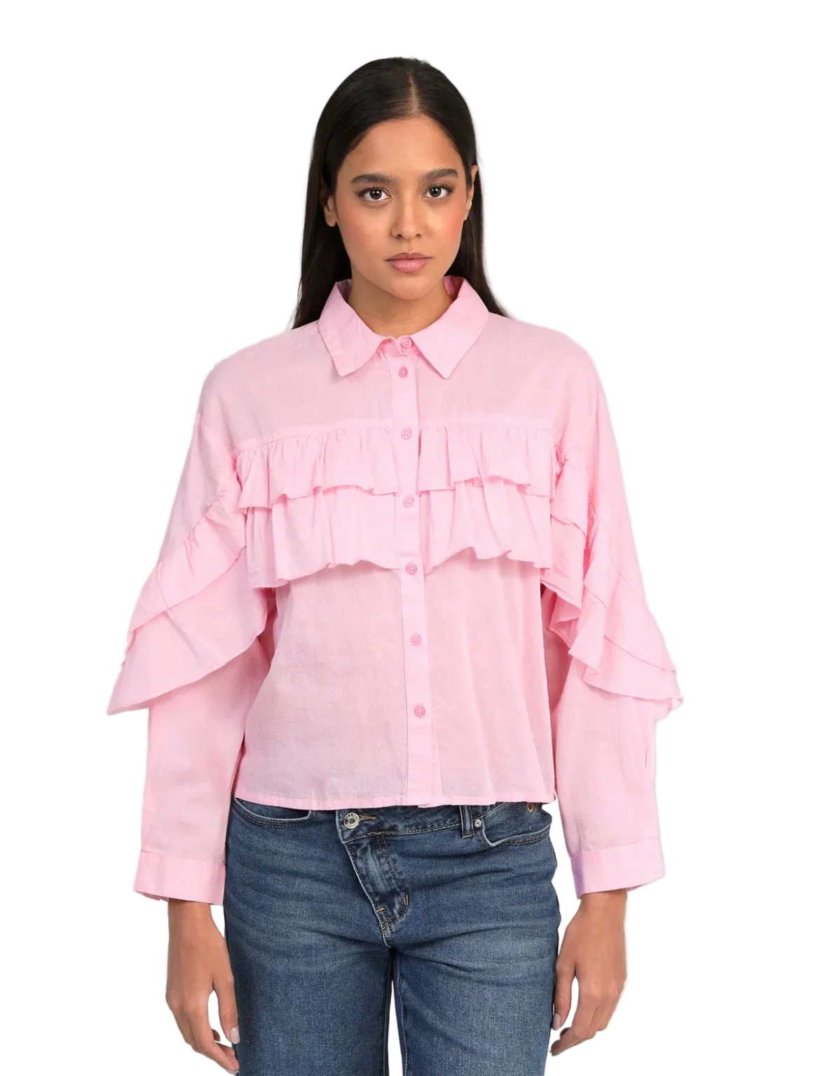 Blouse Courte à volants rose coupe droite 100% coton|An’ge