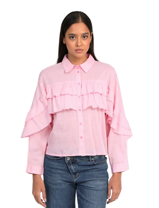 Blouse Courte à volants rose coupe droite 100% coton|An’ge