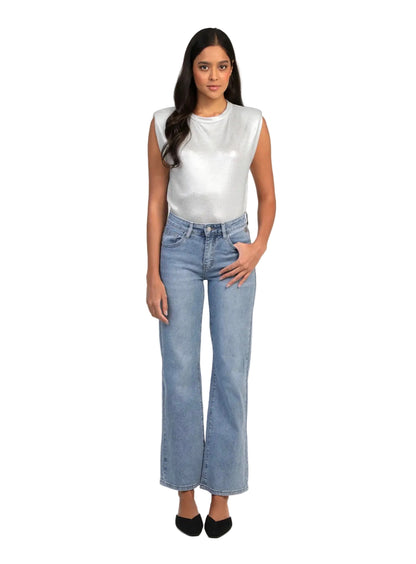 Jean Strass Denim Clair Femme – Coupe Droite Évasée | An'ge