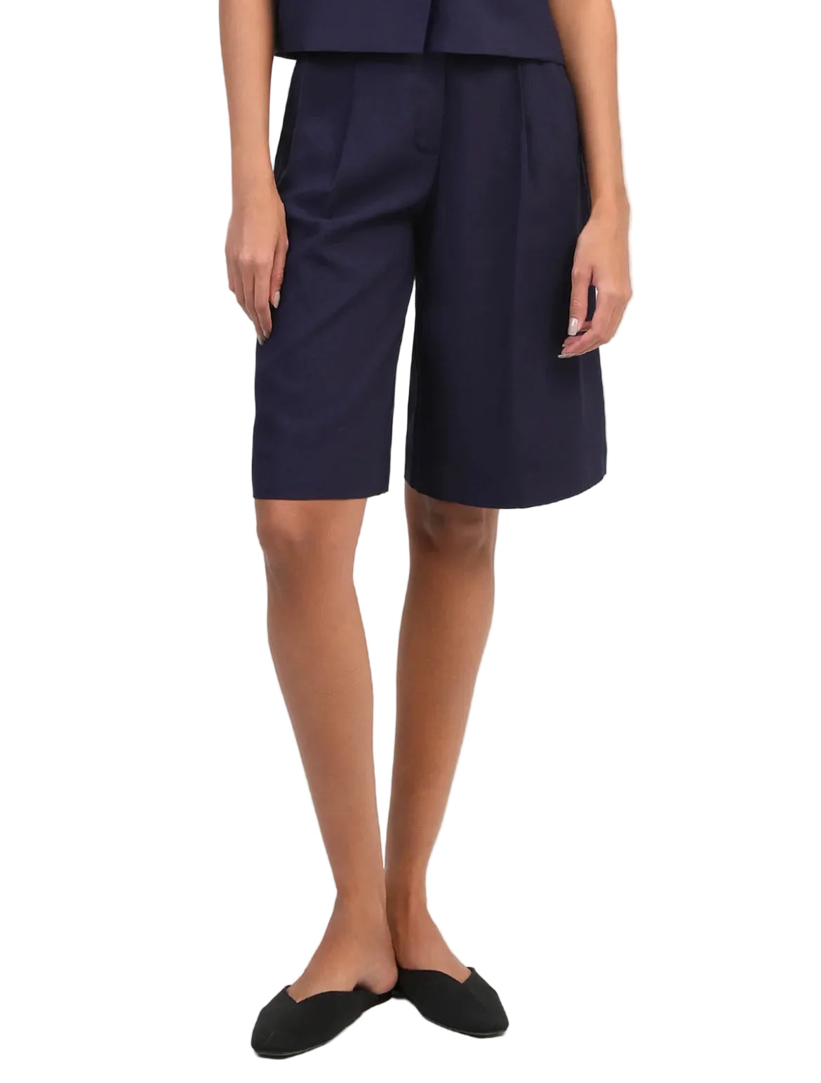 Bermuda Tailleur Fluide Femme Marine – Coupe Droite Taille Élastique | An'ge