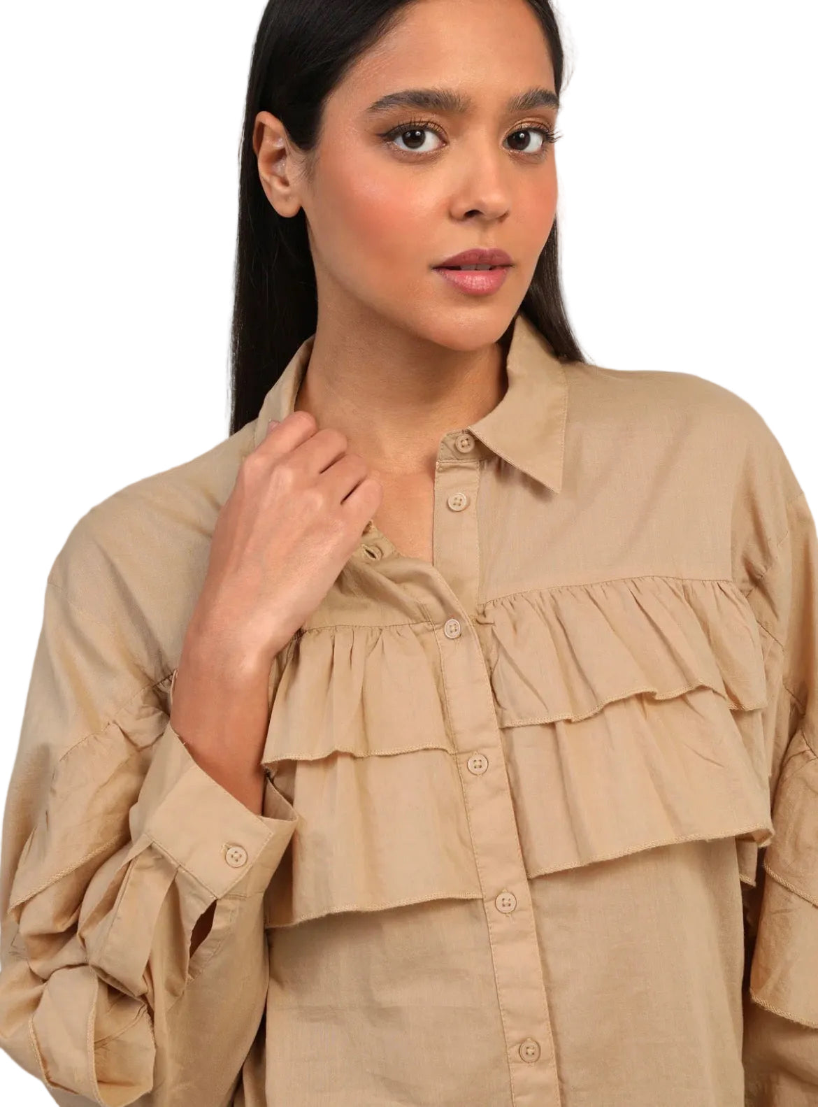 Blouse Courte à Volants Beige Nude – Coupe Droite 100% Coton | An'ge