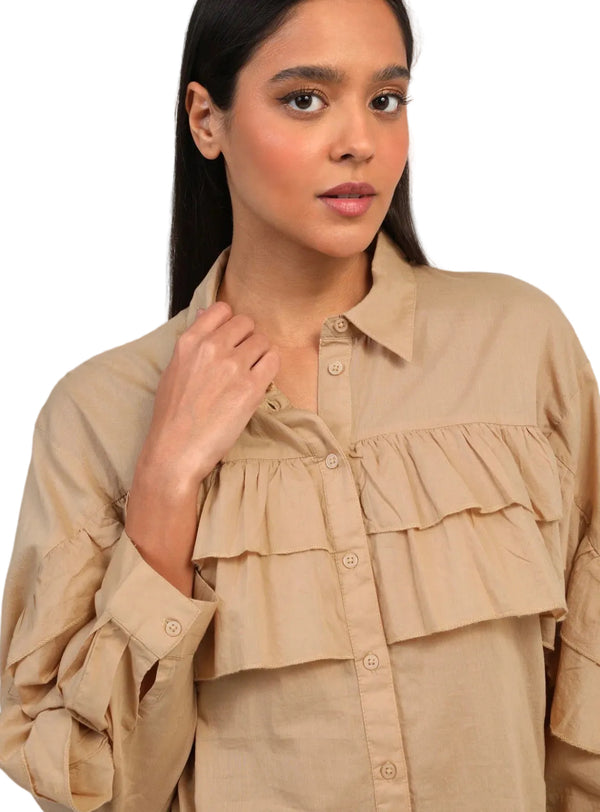 Blouse Courte à Volants Beige Nude – Coupe Droite 100% Coton | An'ge
