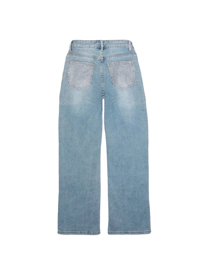 Jean Strass Denim Clair Femme – Coupe Droite Évasée | An'ge