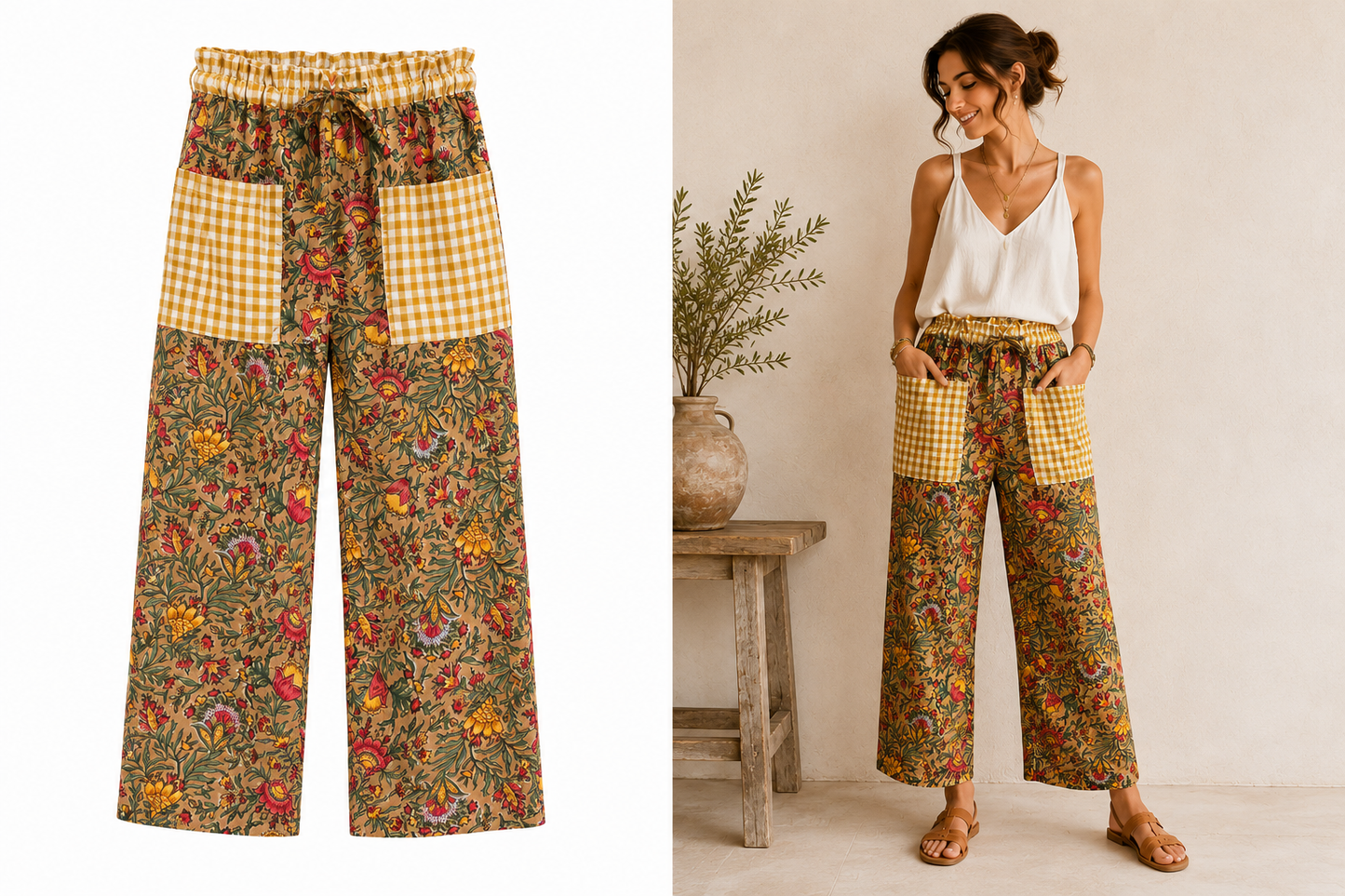 Pantalon Bohème Fleuri & Vichy – 100 % Coton | Taille Unique