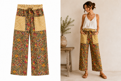 Pantalon Bohème Fleuri & Vichy – 100 % Coton | Taille Unique