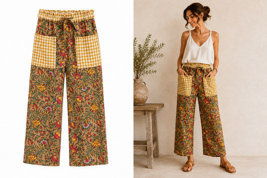 Pantalon Bohème Fleuri & Vichy – 100 % Coton | Taille Unique