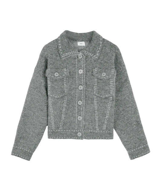 Cardigan Gris Femme – Col Chemise Détails Couture Maille Épaisse | An'ge