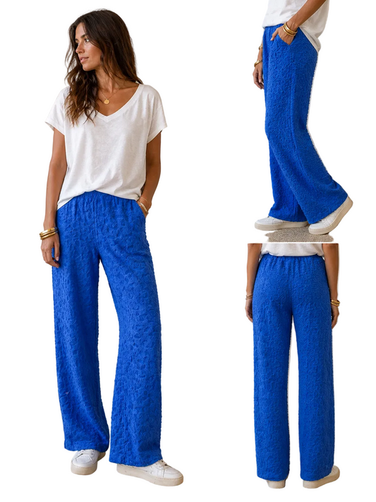 Pantalon texture éponge bleu électrique Coupe droite fluide