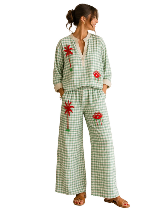 Blouse Vichy Vert Brodée Palmier & Œil – Bohème Chic 100 % Coton