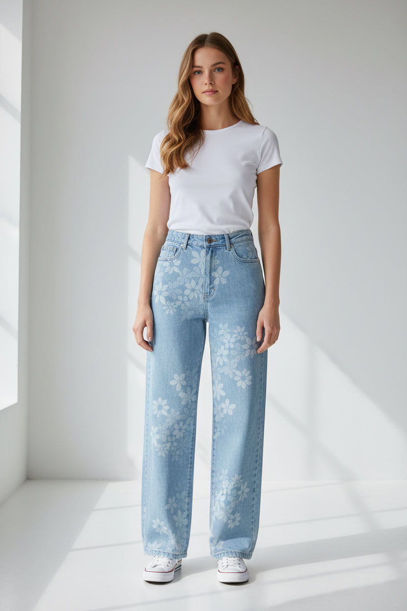 Jean Imprimé Floral Taille Haute Droite – PIPFLEUR | An'ge