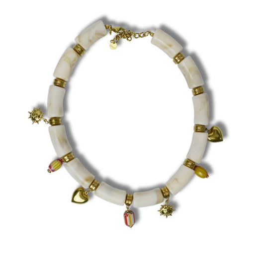 Collier Bohème résine ivoire &acier inoxydable doré | charms cœur soleil quaia