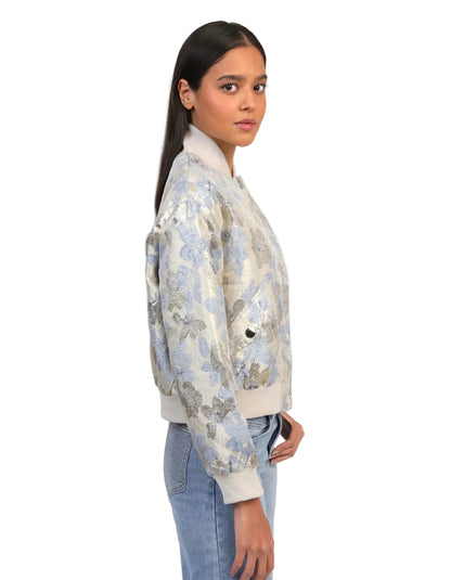 Blouson Bomber Jacquard Floral Femme – Beige Doré & Bleu Pastel | An'ge