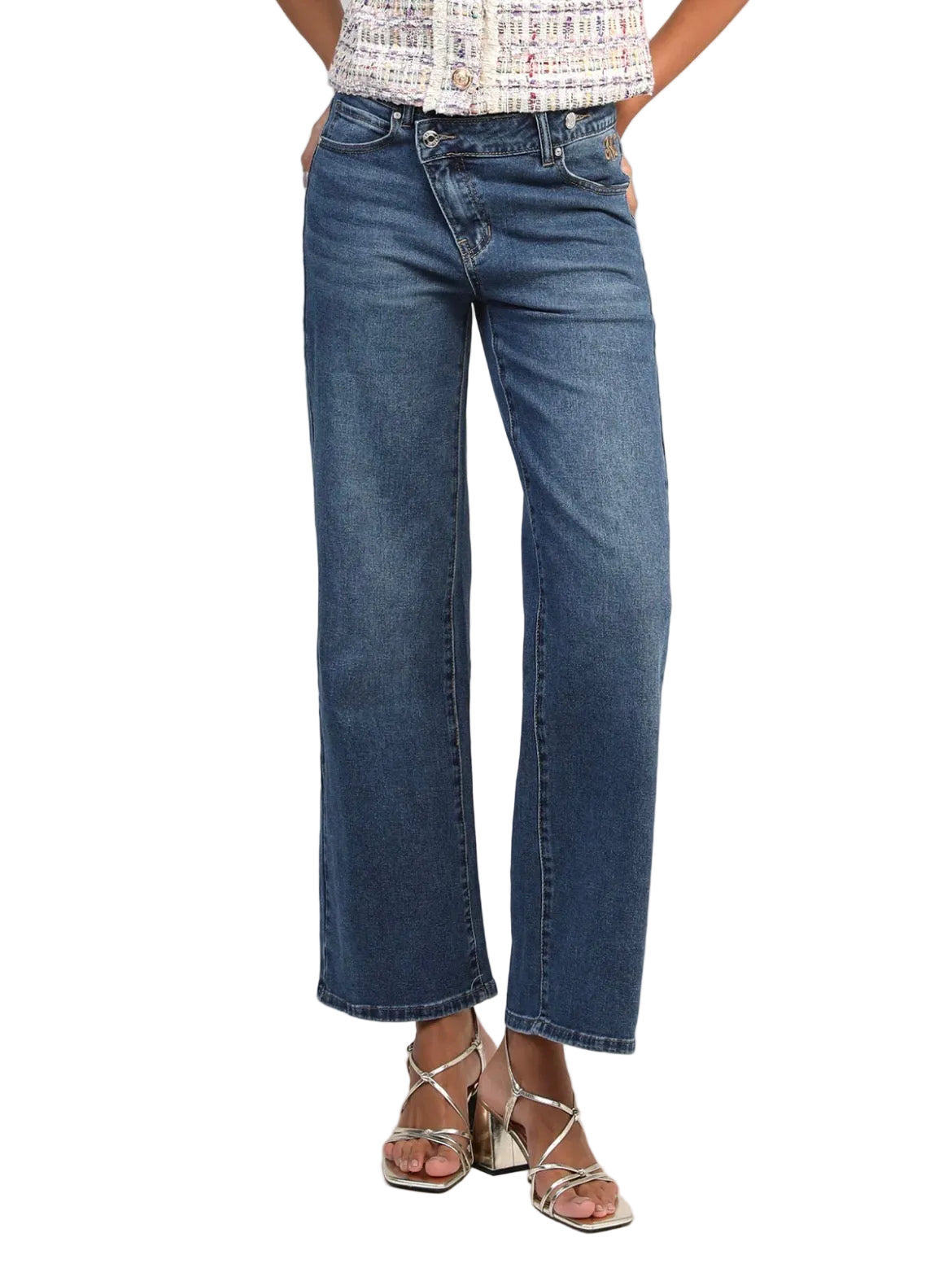 Jean Droit Évasé Femme Bleu Foncé – Taille Mi-Haute Double Bouton | An'ge