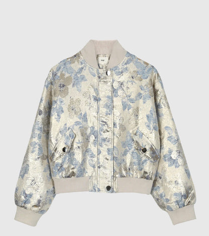 Blouson Bomber Jacquard Floral Femme – Beige Doré & Bleu Pastel | An'ge