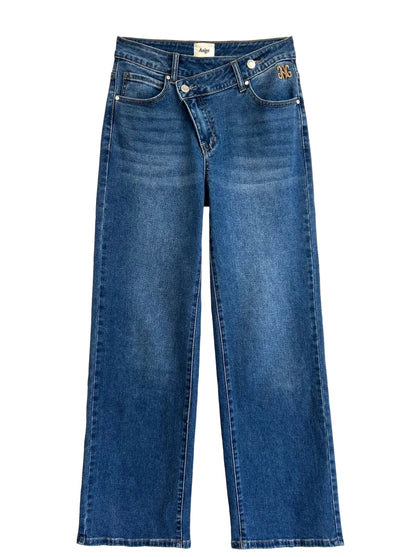 Jean Droit Évasé Femme Bleu Foncé – Taille Mi-Haute Double Bouton | An'ge