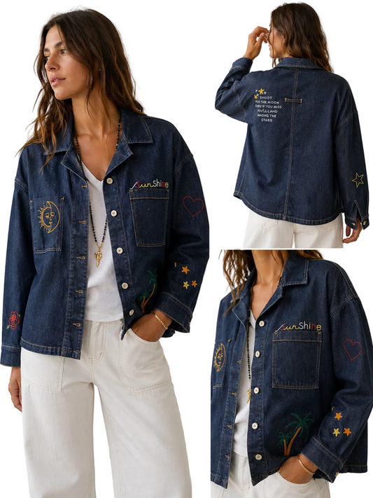 Surchemise Denim Brodée Femme – Veste Casual Chic Taille Unique | Johanna Paris