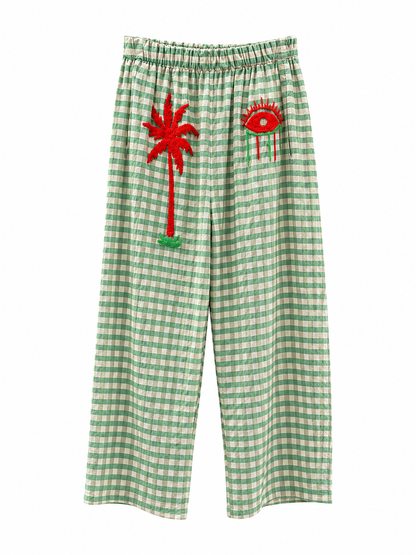Pantalon Vichy Vert Brodé Palmier & Œil – Esprit Bohème Chic