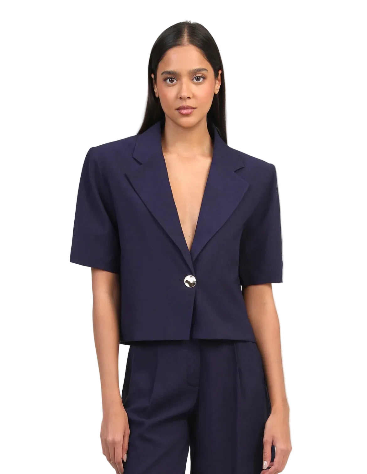 Blazer Court Navy Femme – Manches Courtes Col Tailleur | An'ge