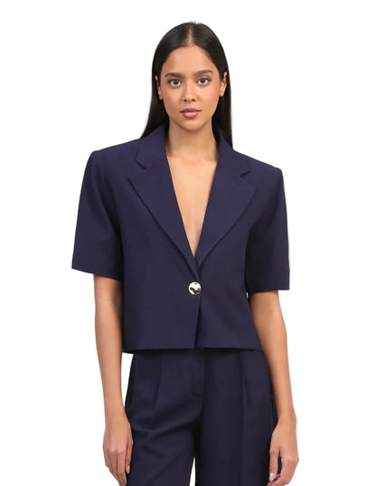 Blazer Court Navy Femme – Manches Courtes Col Tailleur | An'ge