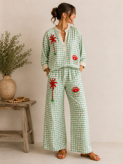 Pantalon Vichy Vert Brodé Palmier & Œil – Esprit Bohème Chic