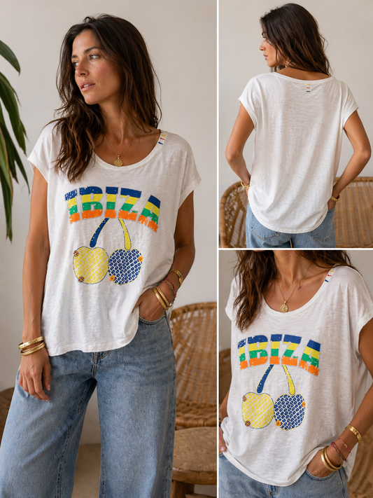 T-Shirt IBIZA Cherry Blanc loose 100% coton ONE TEE