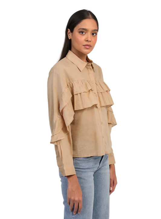 Blouse Courte à Volants Beige Nude – Coupe Droite 100% Coton | An'ge