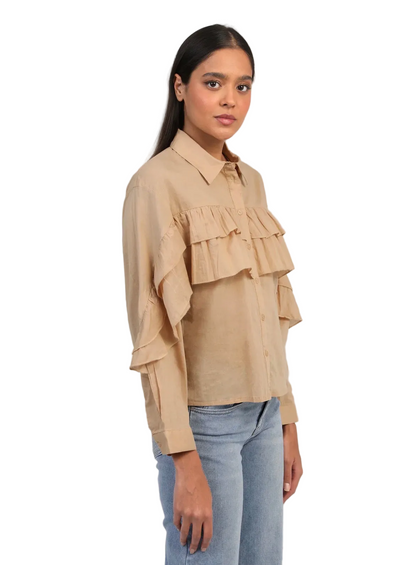 Blouse Courte à Volants Beige Nude – Coupe Droite 100% Coton | An'ge