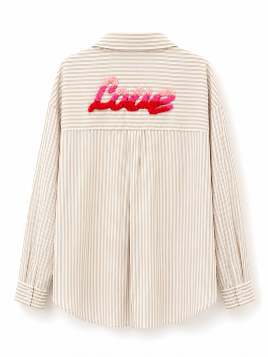 Chemise Oversize Rayée LOVE – Beige & Écru