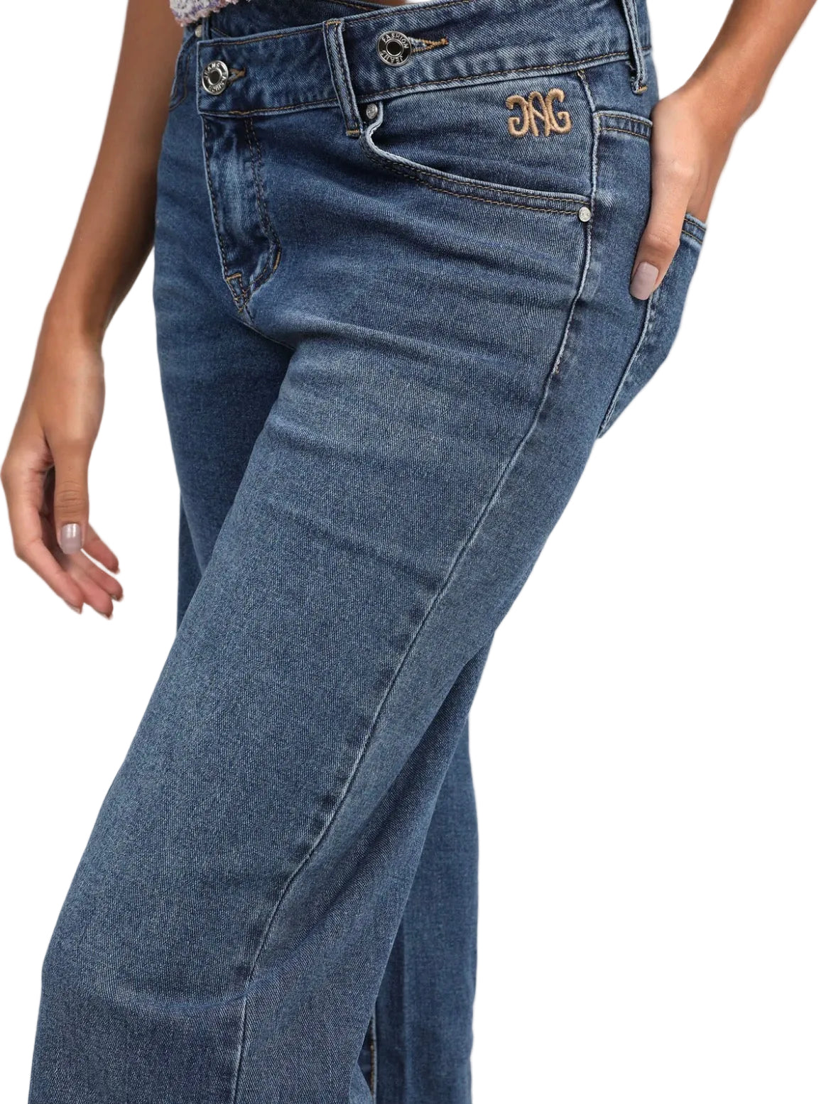 Jean Droit Évasé Femme Bleu Foncé – Taille Mi-Haute Double Bouton | An'ge