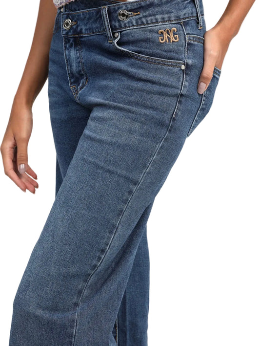 Jean Droit Évasé Femme Bleu Foncé – Taille Mi-Haute Double Bouton | An'ge