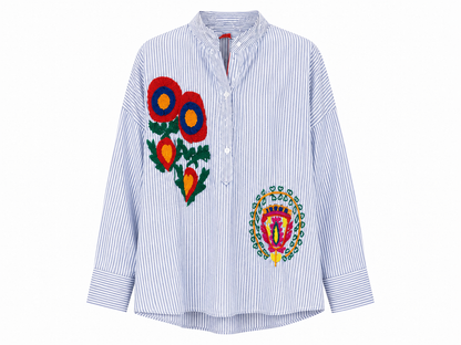 Blouse Rayée Brodée Fleurs & Médaillon – Bohème Chic 100 % Coton