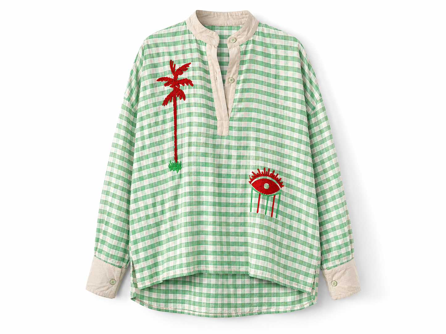 Blouse Vichy Vert Brodée Palmier & Œil – Bohème Chic 100 % Coton