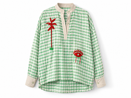 Blouse Vichy Vert Brodée Palmier & Œil – Bohème Chic 100 % Coton