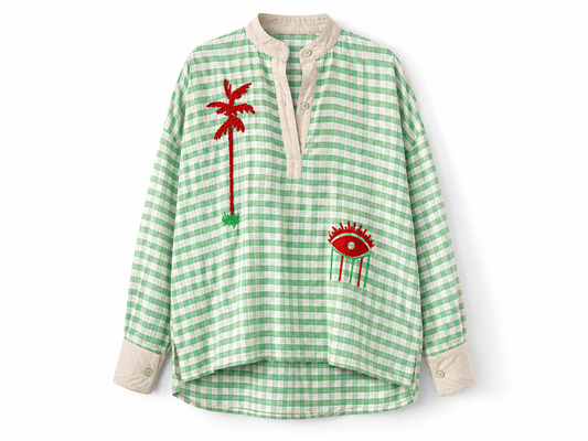 Blouse Vichy Vert Brodée Palmier & Œil – Bohème Chic 100 % Coton