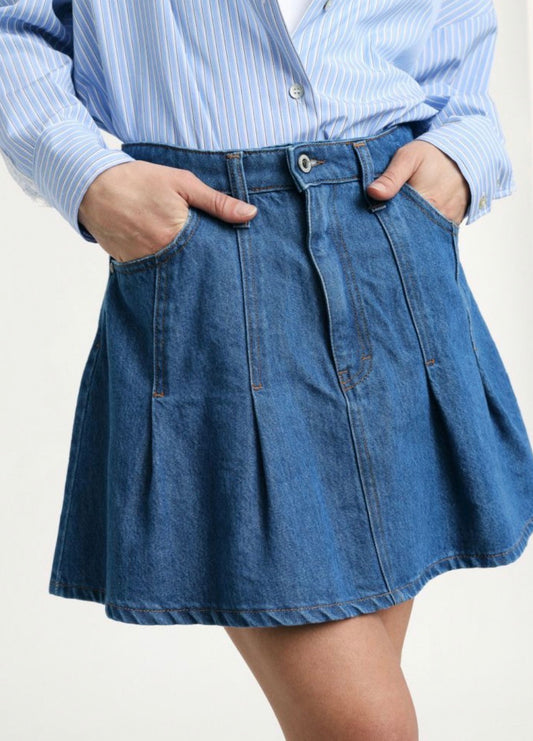 Jupe Short Denim Plissée Taille Haute – Please | Short Intégré Femme