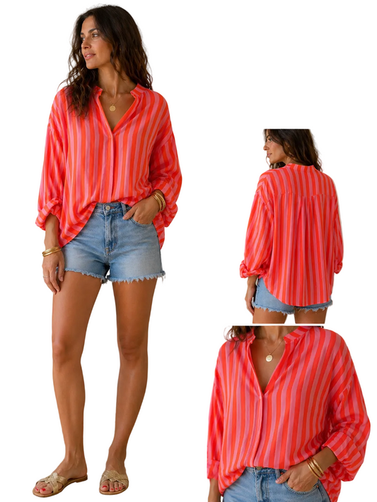 Blouse Rayée Corail & Fushia 100% coton -coupe fluide
