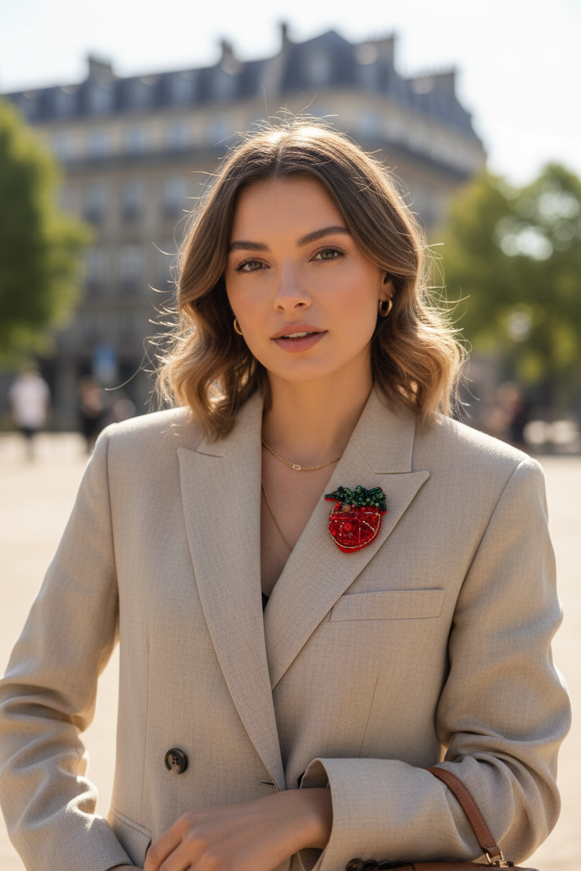 Broche Fraise – Lifestyle avec broche originale